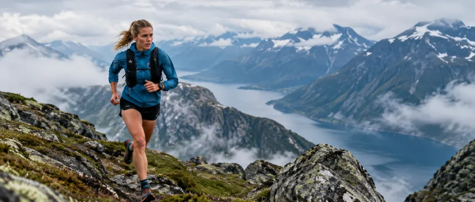 Ida Amelie Robsahm running on a Norwegian mountain trail