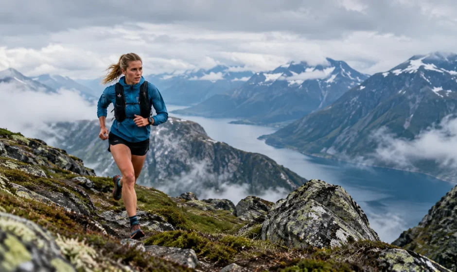 Ida Amelie Robsahm running on a Norwegian mountain trail