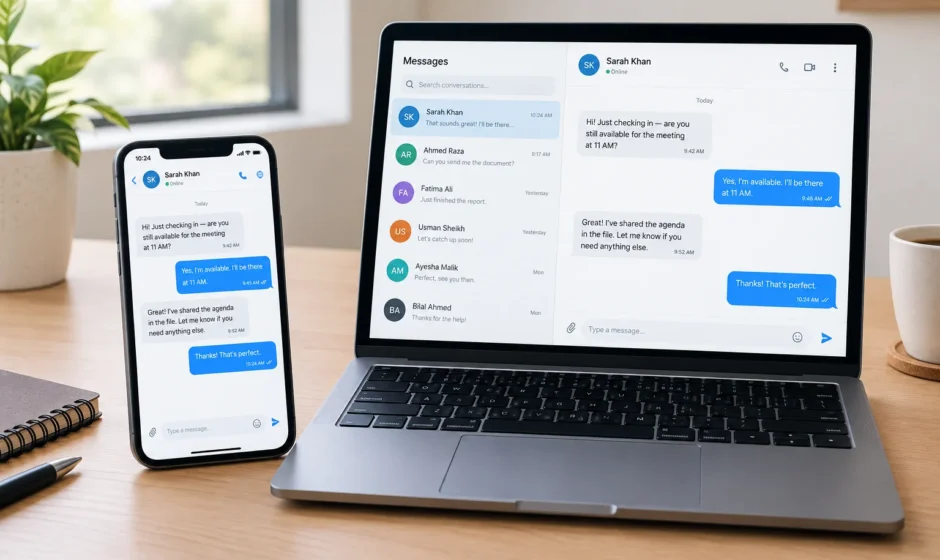 hone and laptop showing a clear message thread illustrating the messagenal communication idea