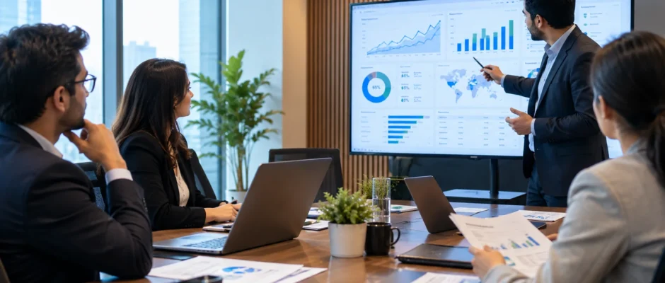 Business leaders reviewing AI governance policy in a meeting