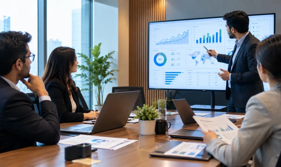 Business leaders reviewing AI governance policy in a meeting