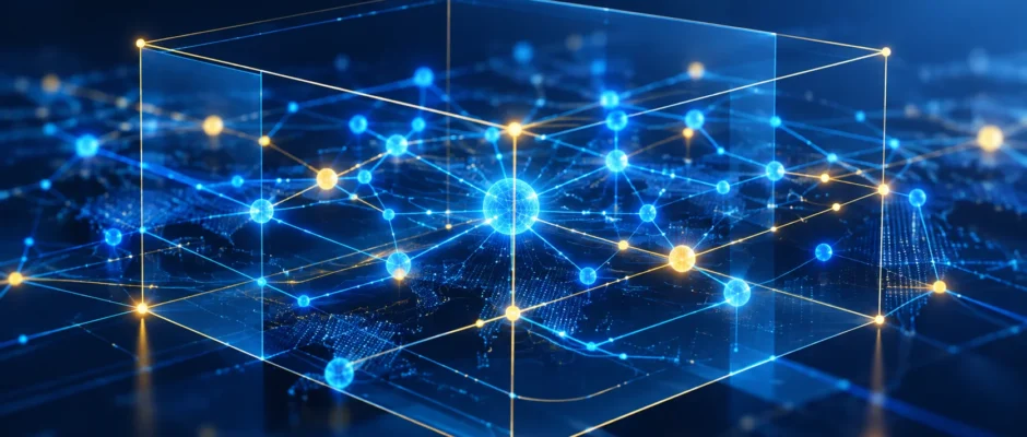 Abstract network of glowing nodes contained within a structured frame, symbolizing AI governance