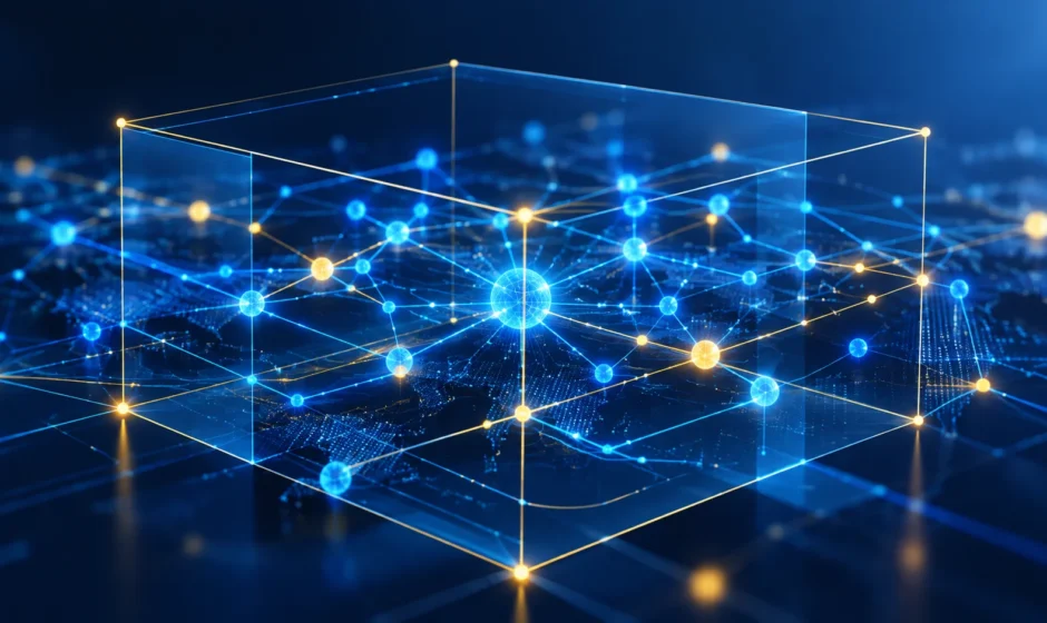Abstract network of glowing nodes contained within a structured frame, symbolizing AI governance