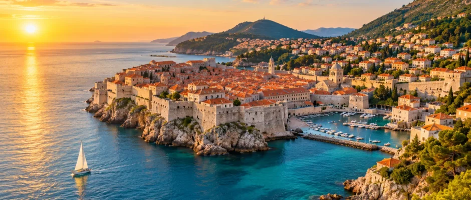 Aerial view of Dubrovnik Old Town with terracotta rooftops and the turquoise Adriatic Sea at sunset