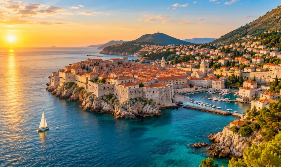 Aerial view of Dubrovnik Old Town with terracotta rooftops and the turquoise Adriatic Sea at sunset