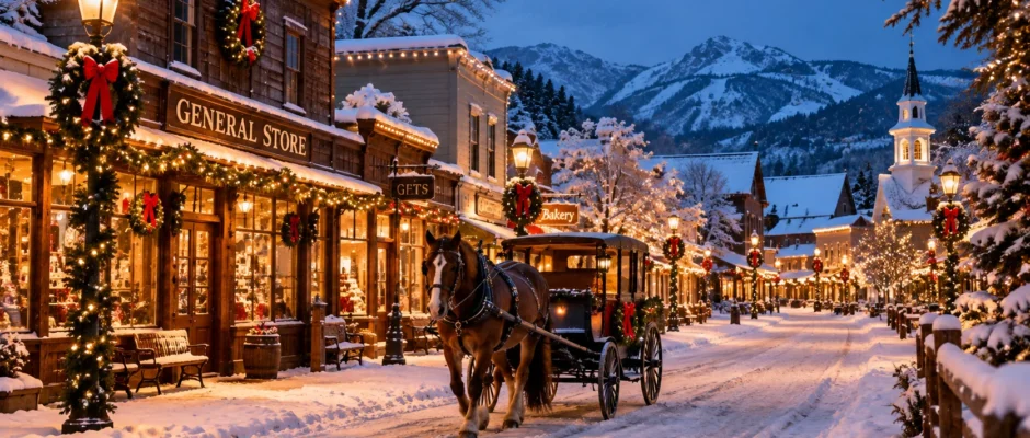Snowy small-town main street decorated with holiday lights in December