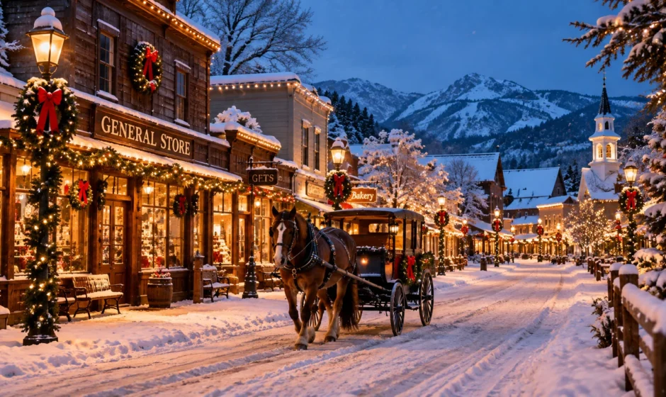Snowy small-town main street decorated with holiday lights in December