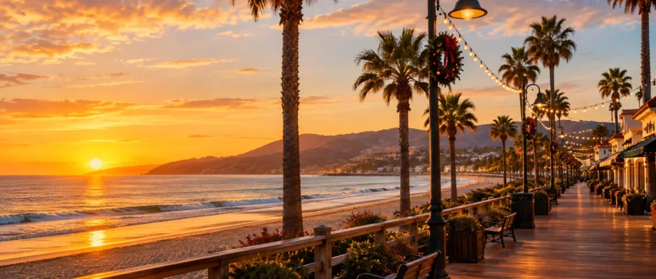 Warm coastal boardwalk at golden hour representing a November beach getaway