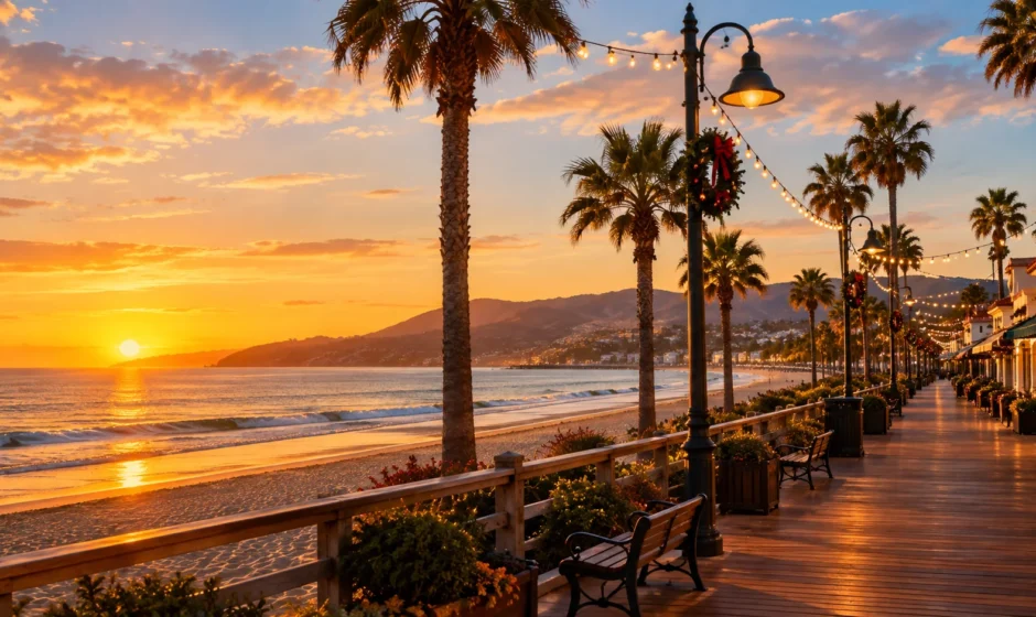 Warm coastal boardwalk at golden hour representing a November beach getaway