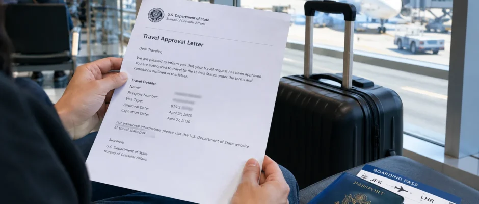 Traveler reviewing a written travel approval letter before a trip while on probation