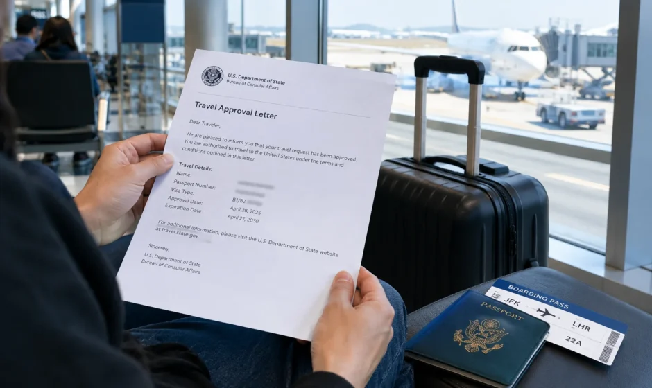 Traveler reviewing a written travel approval letter before a trip while on probation
