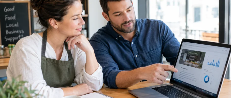 A small business owner meeting with a digital marketing consultant to review a marketing strategy on a laptop.