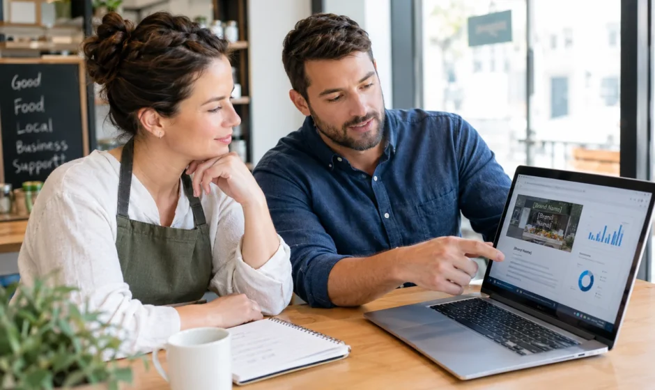 A small business owner meeting with a digital marketing consultant to review a marketing strategy on a laptop.