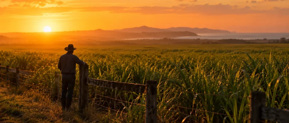 Sugarcane field in Queensland at sunset with a farmer's silhouette beside a wooden fence