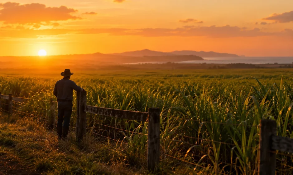 Sugarcane field in Queensland at sunset with a farmer's silhouette beside a wooden fence