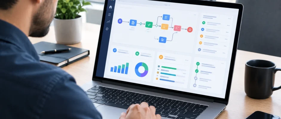 Business professional reviewing an AI workflow automation dashboard