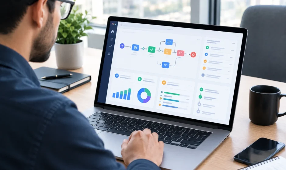 Business professional reviewing an AI workflow automation dashboard