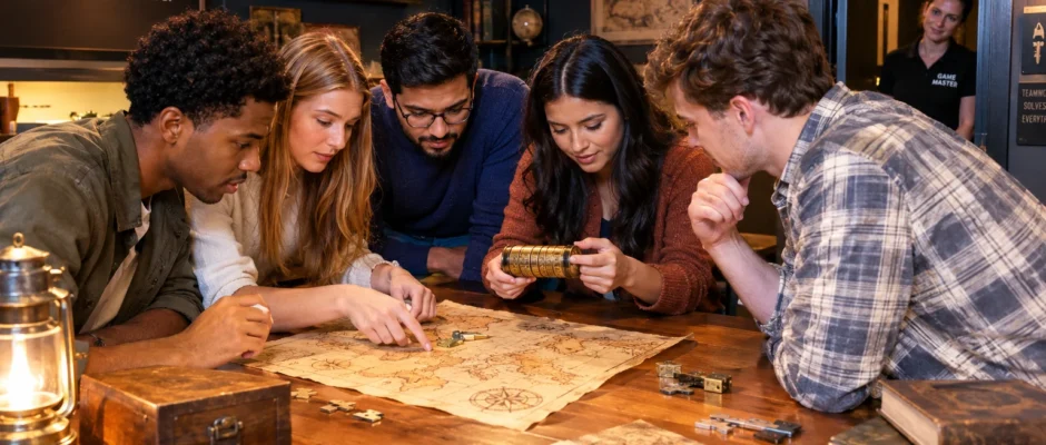 Group of friends solving a puzzle inside an escape room while a game master watches
