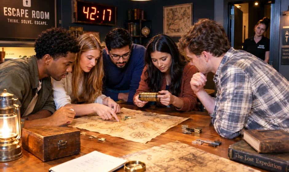 Group of friends solving a puzzle inside an escape room while a game master watches