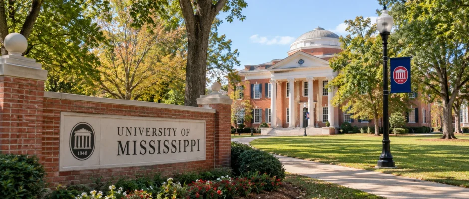 Neutral daytime photo of the University of Mississippi campus or Oxford, MS signage