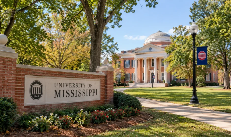 Neutral daytime photo of the University of Mississippi campus or Oxford, MS signage