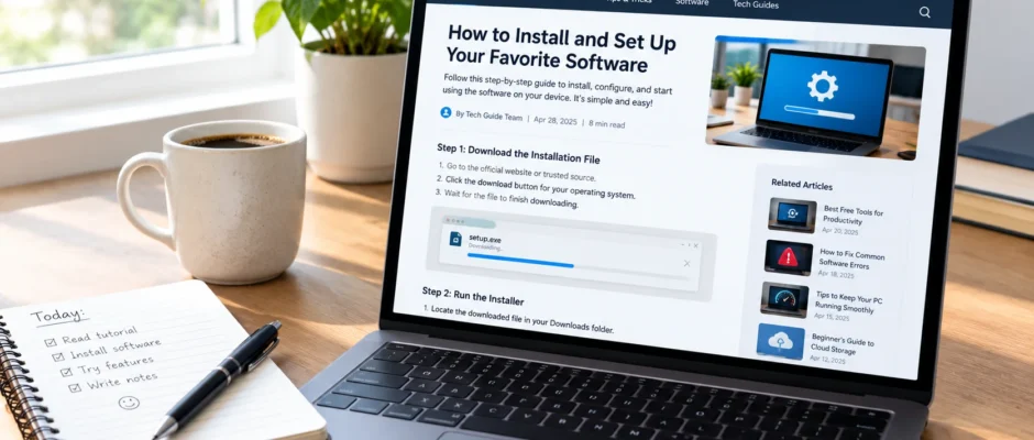 Laptop showing a software tutorial representing kracensoft.com tech reviews and guides