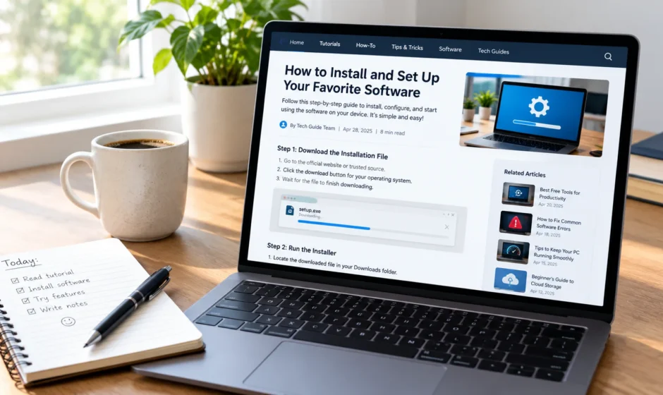 Laptop showing a software tutorial representing kracensoft.com tech reviews and guides