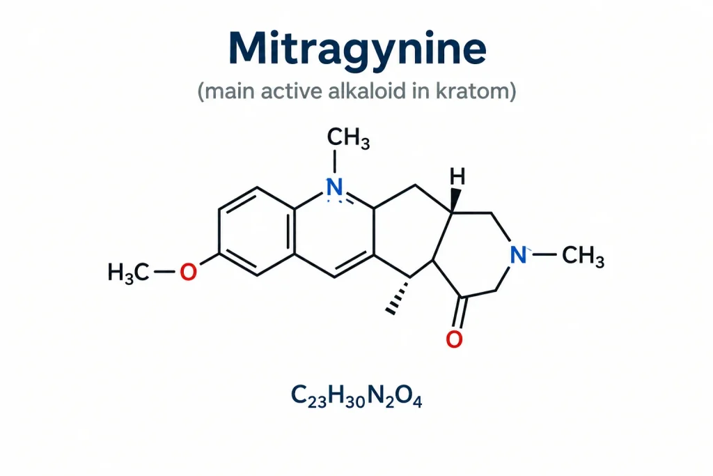 Chemical structure diagram of mitragynine, kratom's primary alkaloid