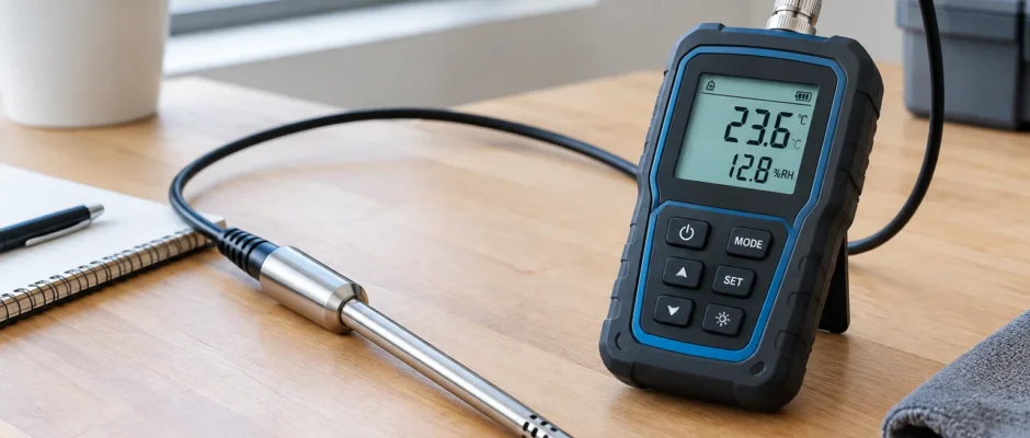 Measuring probe connected to a digital meter illustrating the meaning of messonde
