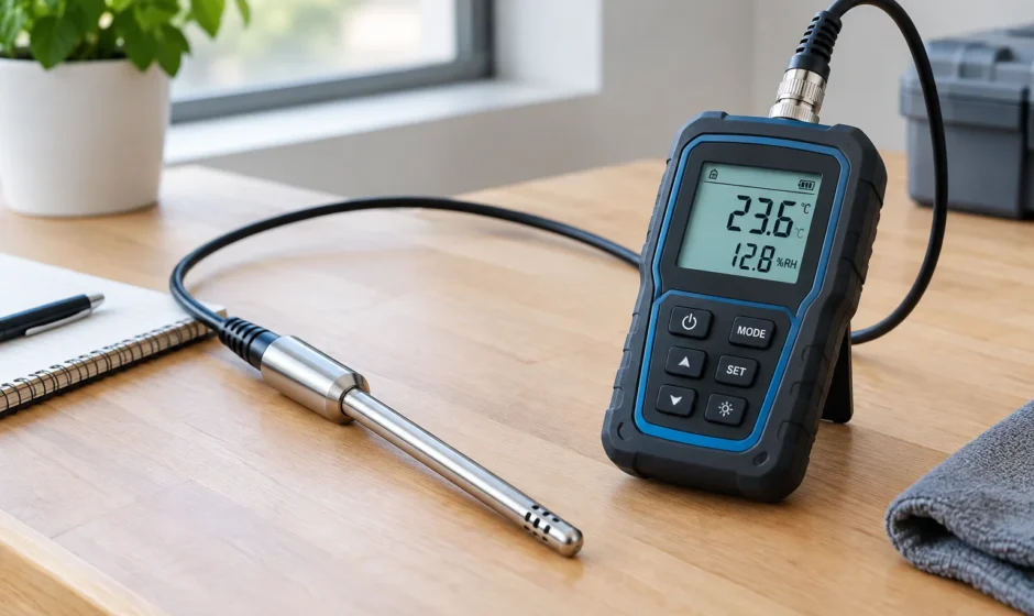 Measuring probe connected to a digital meter illustrating the meaning of messonde