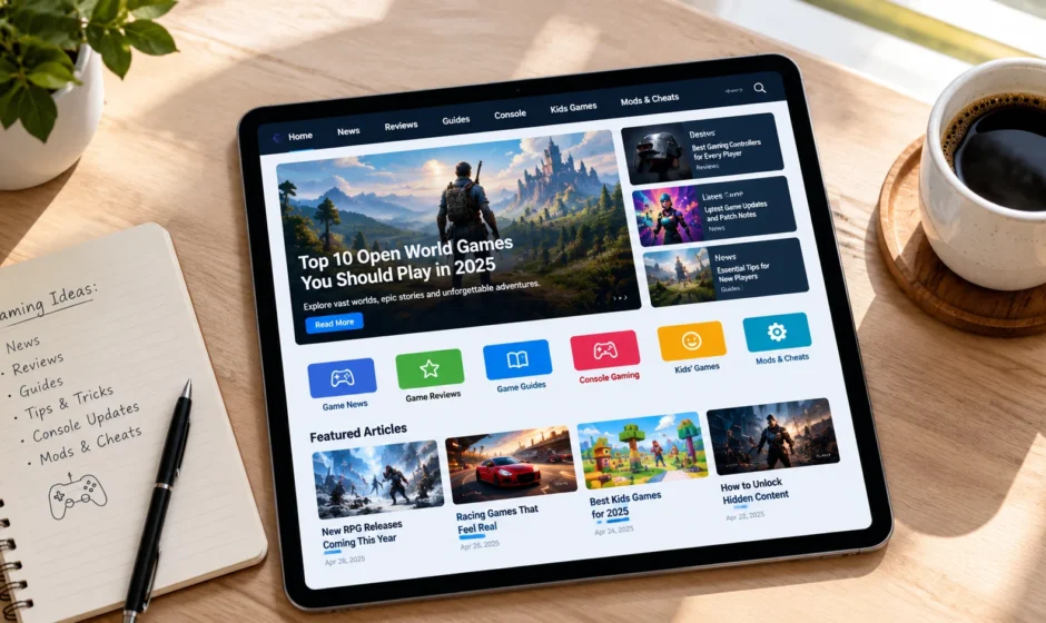 Tablet displaying a digital magazine homepage representing neworldsmagazine.com content