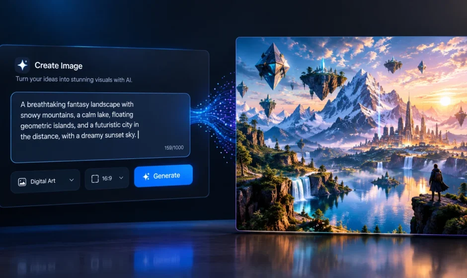 Text prompt being converted into AI-generated digital artwork