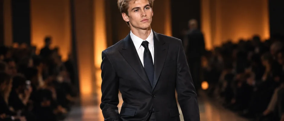 A model walking a fashion runway during a show