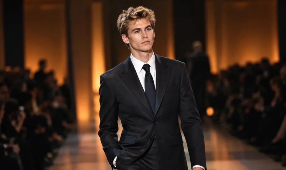 A model walking a fashion runway during a show