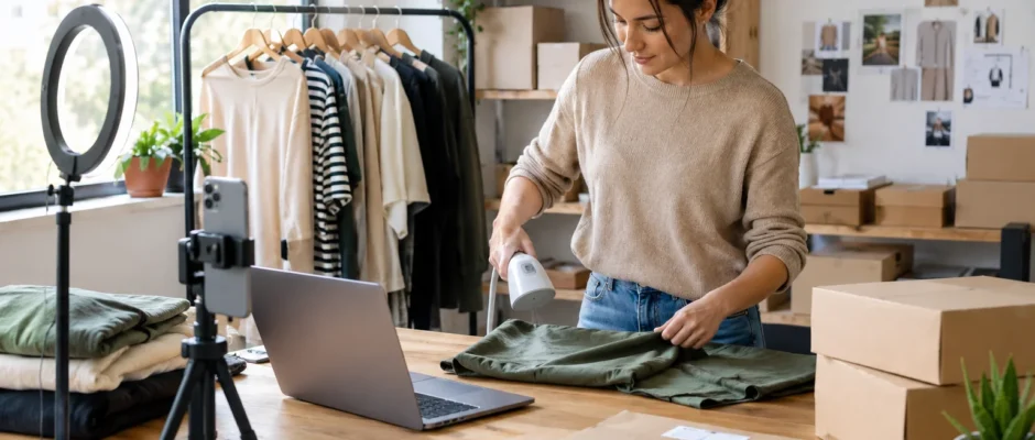 Home workspace for a small clothing business with a clothing rack, packaging supplies, and a laptop for online orders
