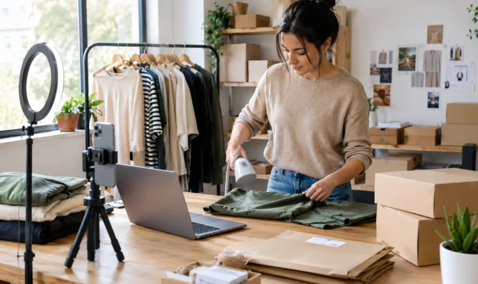 Home workspace for a small clothing business with a clothing rack, packaging supplies, and a laptop for online orders