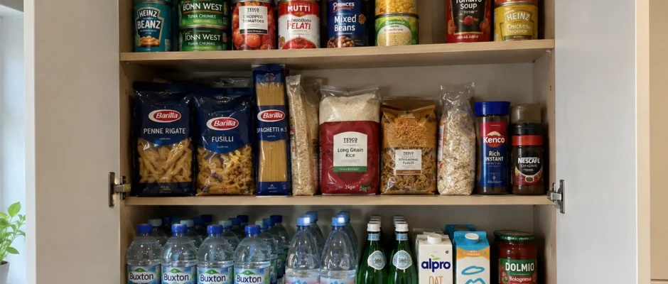 Kitchen cupboard with tinned food and bottled water stored at home