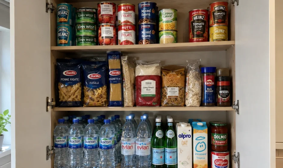 Kitchen cupboard with tinned food and bottled water stored at home