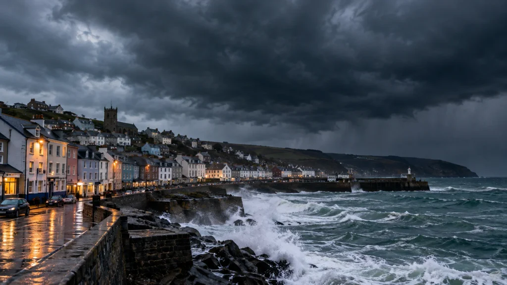 Stormy weather conditions over a UK coastal town