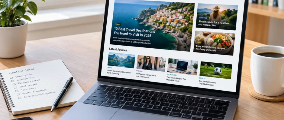Laptop showing a multi-topic content website representing troozer.com