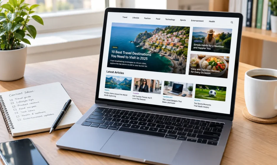 Laptop showing a multi-topic content website representing troozer.com