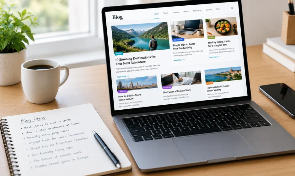 Laptop showing a multi-topic blog homepage representing voozon.com and its guest post model