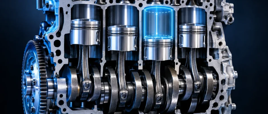 Cutaway engine showing pistons and cylinders to explain what cc means in engine displacement