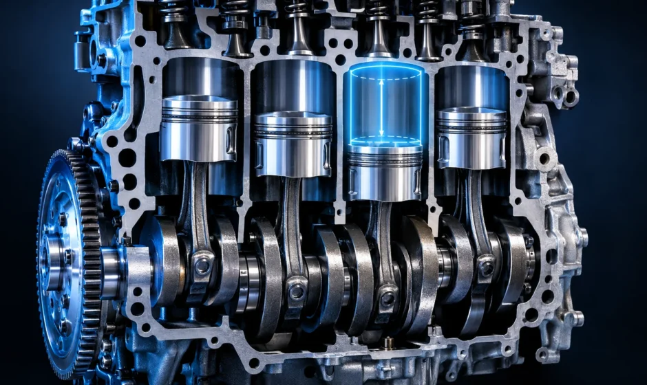 Cutaway engine showing pistons and cylinders to explain what cc means in engine displacement