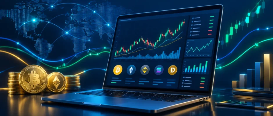 Laptop screen showing financial charts and crypto icons representing FintechZoom's market coverage