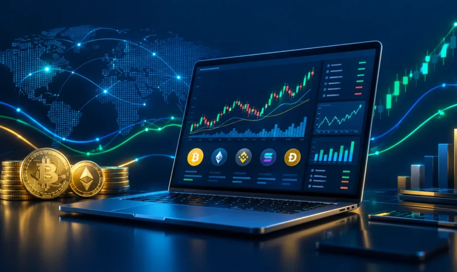 Laptop screen showing financial charts and crypto icons representing FintechZoom's market coverage